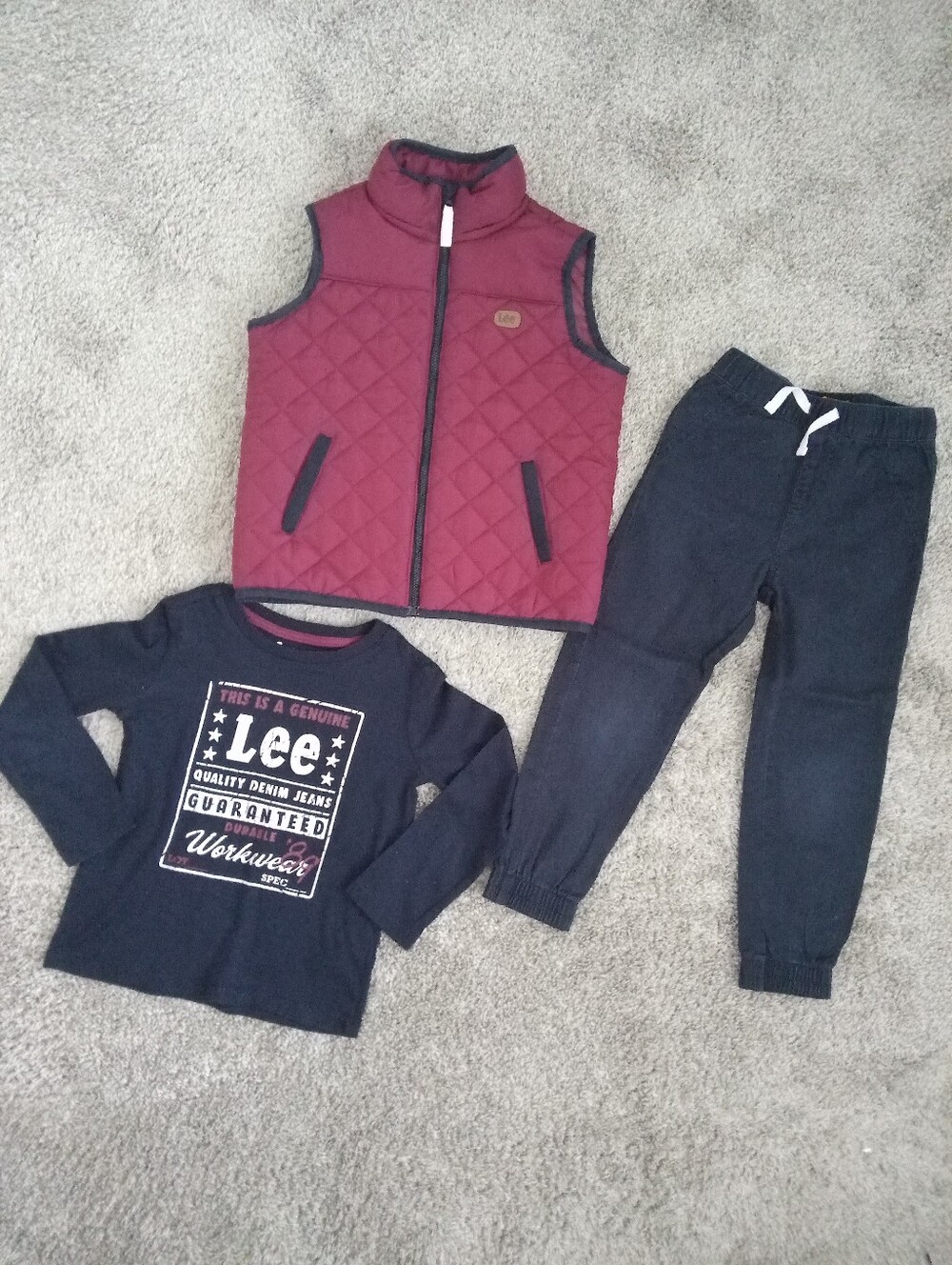 Toddler Boys Lee Quilted Burgundy Vest with Navy Jogger Pants and Shirt-Size 4T.
